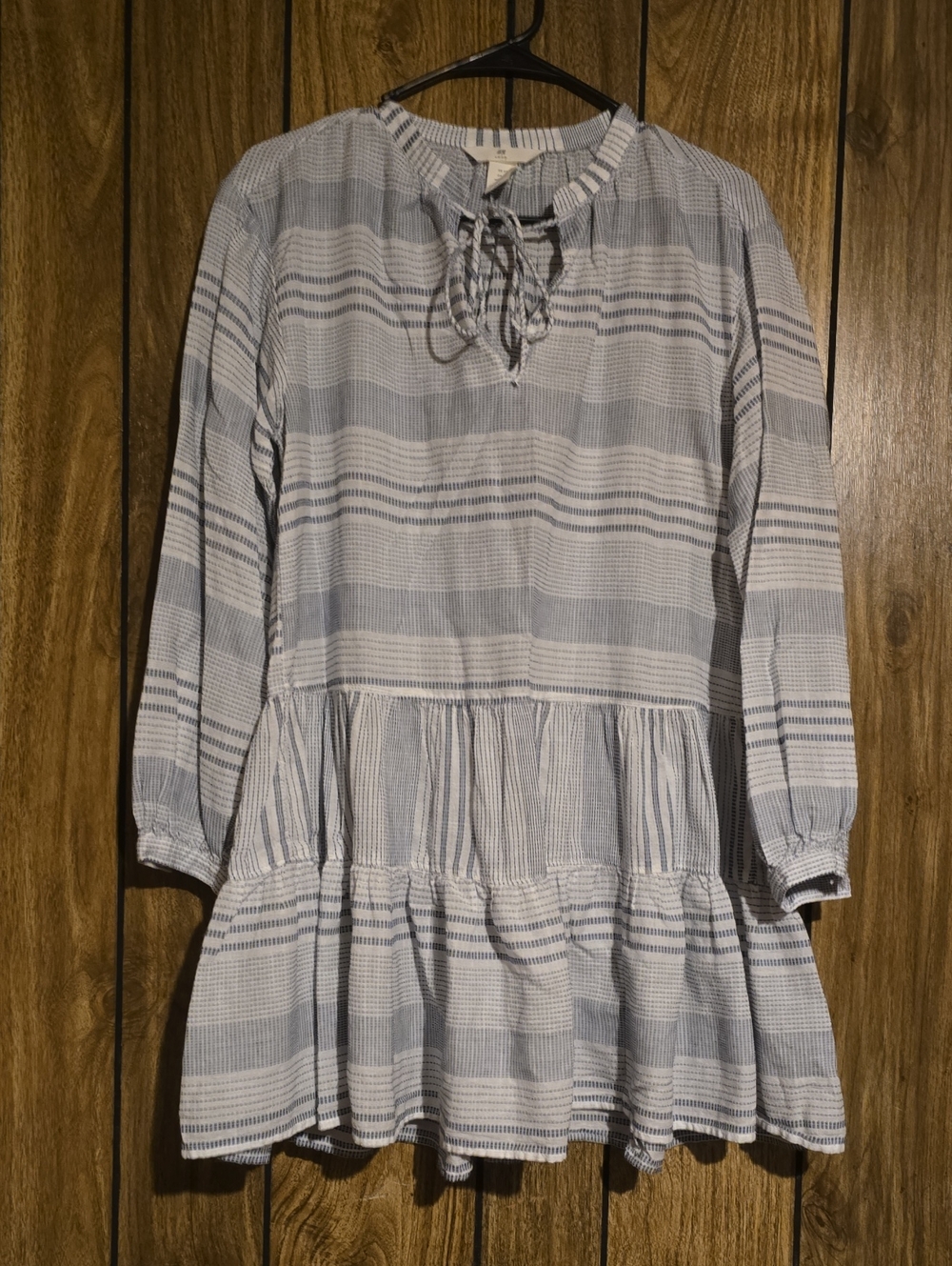 H&M Blue and White Striped Tie-Neck Tiered Mini Dress